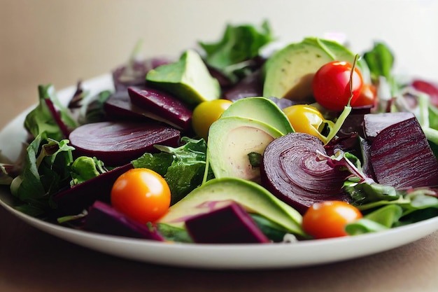 A plate of salad with beets, avocado, and tomatoes