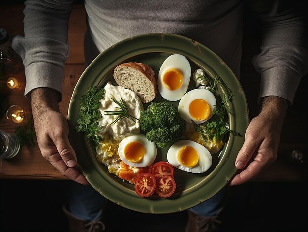 plate of salad with egg in man's hands generated ia