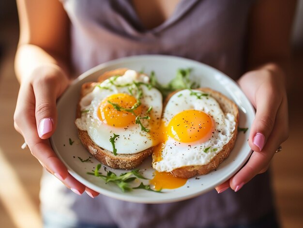 plate of salad with egg in woman's hands generated ia