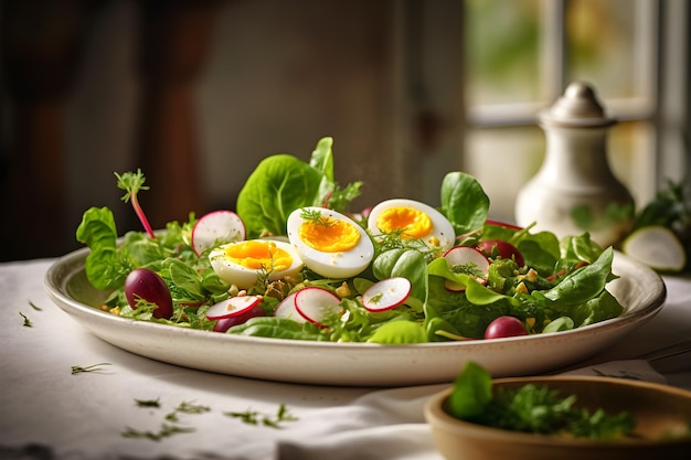 A plate of salad with eggs and radishes