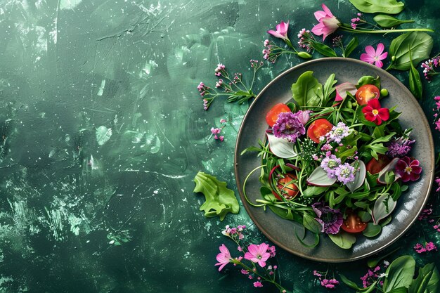 a plate of salad with flowers