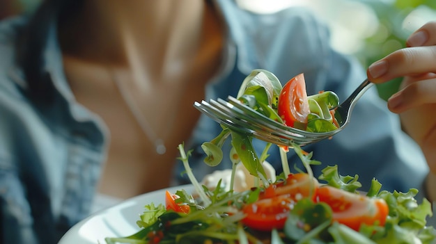 Photo a plate of salad with a fork and a fork