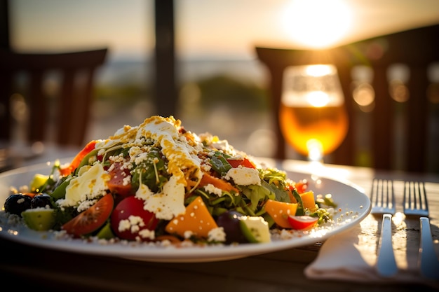 A plate of salad with a glass of wine in the background