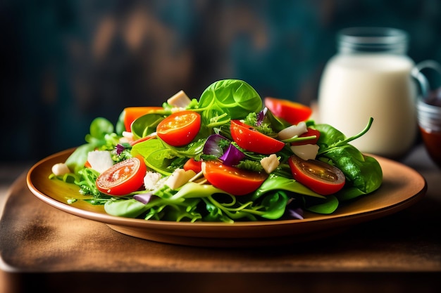 A plate of salad with a jar of milk in the background