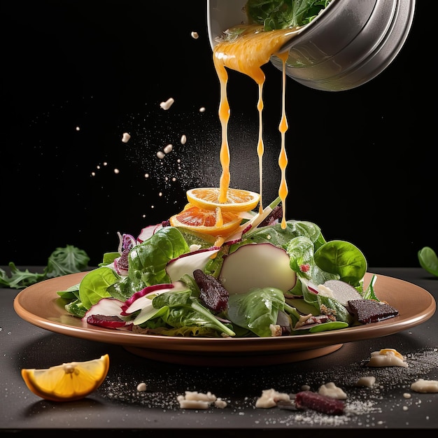 A plate of salad with a silver container pouring liquid into it.