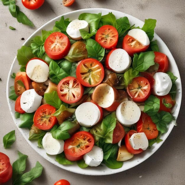 a plate of salad with tomatoes lettuce and cheese