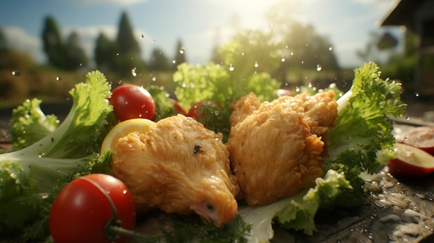 A plate of salad with tomatoes onions lettuce and lemon wedges Generative AI