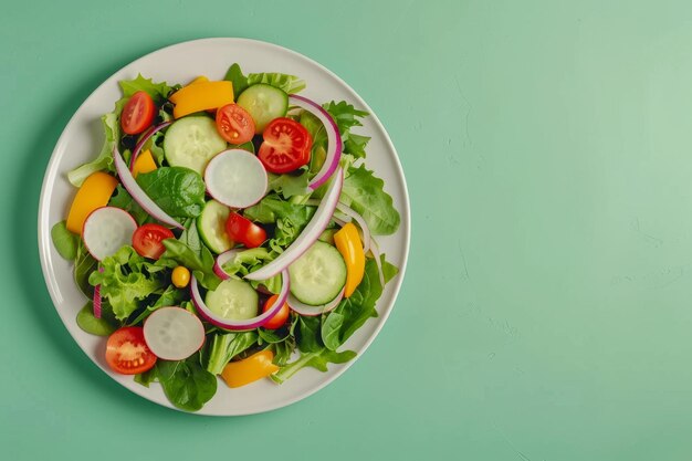 A plate of salad with a variety of vegetables including tomatoes cucumbers