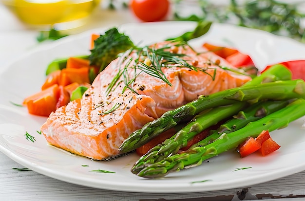 Photo a plate of salmon asparagus and carrots on a table