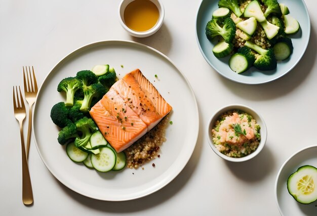 Photo a plate of salmon and broccoli with a side of bread and a bowl of gravy