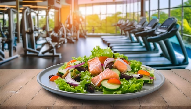 Plate of Salmon and Cucumber Salad on Gym Table