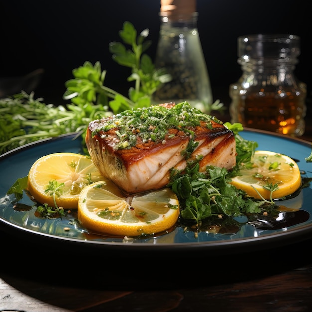 a plate of salmon and lemons is on a table