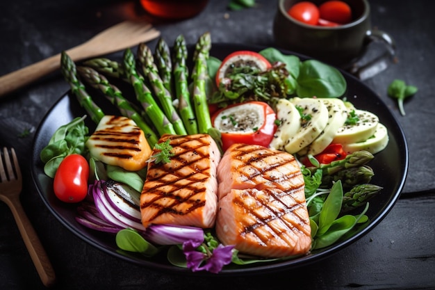 A plate of salmon and vegetables with a side of asparagus.