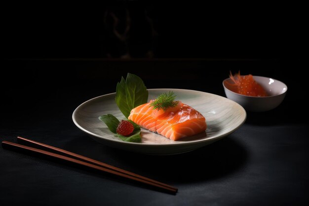 A plate of salmon with a bowl of sauce next to it.