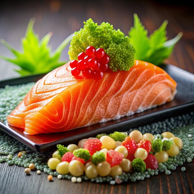 Photo a plate of salmon with broccoli and a piece of fruit on it