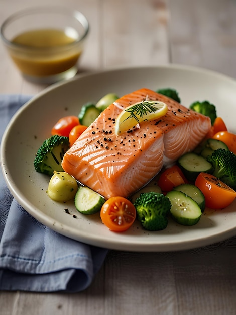 a plate of salmon with cucumber and cucumber on it