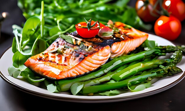 a plate of salmon with greens and tomatoes on it