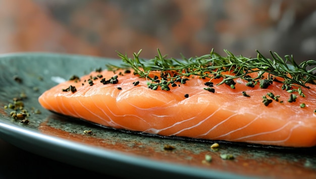 a plate of salmon with herbs and spices on it