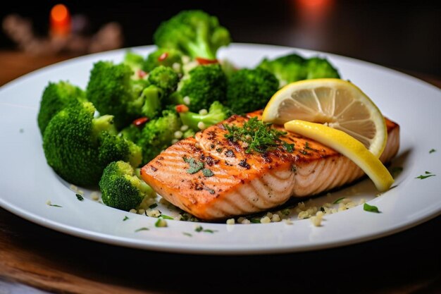 Photo a plate of salmon with lemon and broccoli on it