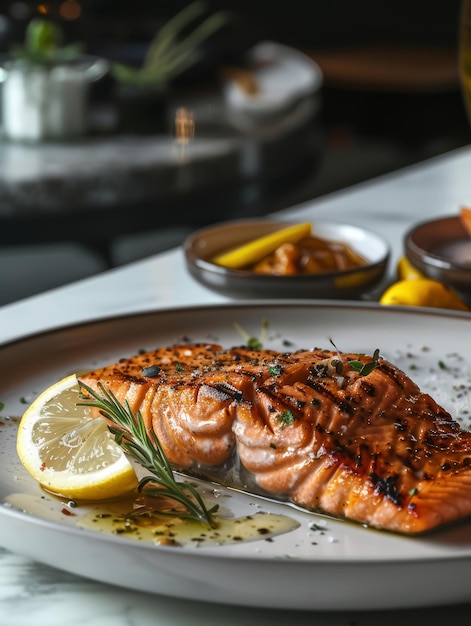 a plate of salmon with lemon slices