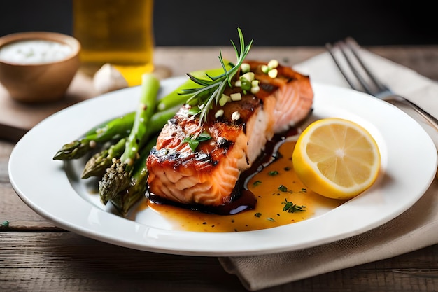 A plate of salmon with a lemon wedge and asparagus.