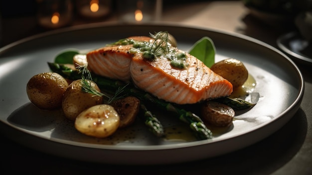 A plate of salmon with potatoes and asparagus