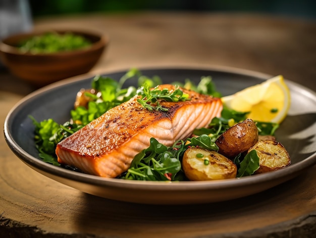 Plate of salmon with potatoes and greens on a wooden table