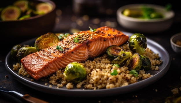 A plate of salmon with a quinoa and quinoa salad