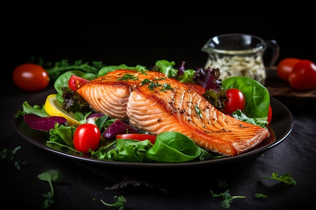 A plate of salmon with a salad of vegetables and lemon