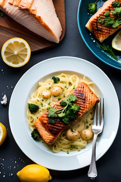 A plate of salmon with scallops and scallops on top.