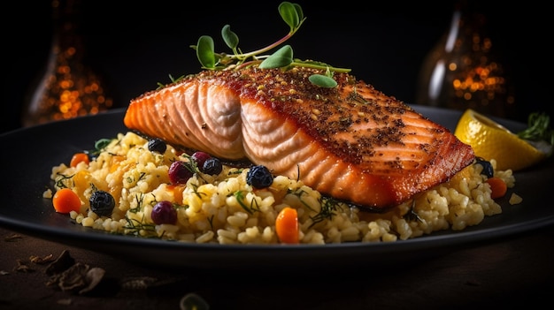 A plate of salmon with a side of rice and a sprig of blueberries.