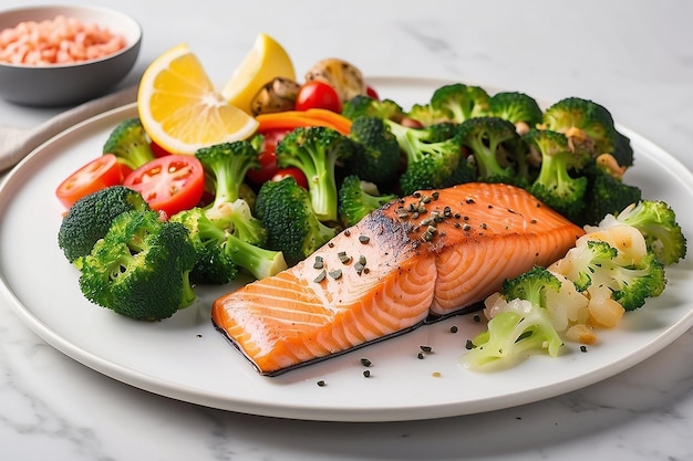 A plate of salmon with a side of vegetables and a side of broccoli