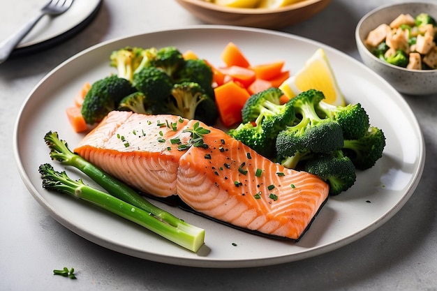 A plate of salmon with a side of vegetables and a side of broccoli