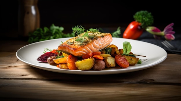 A plate of salmon with vegetables on it