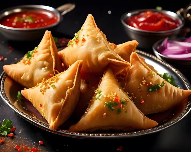 Plate of samosas on background