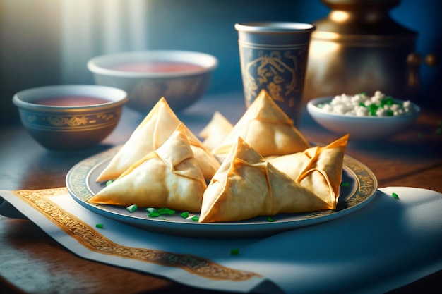 A plate of samosas with a cup of tea on the table.