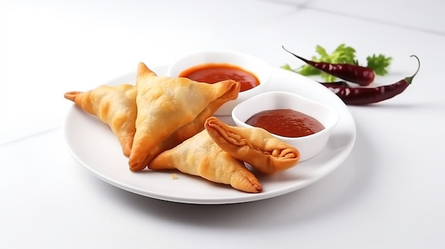 A plate of samosas with sauces and a red vegetable on the side.