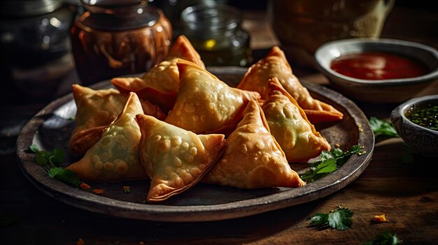 A plate of samosas with a side of salsa on it