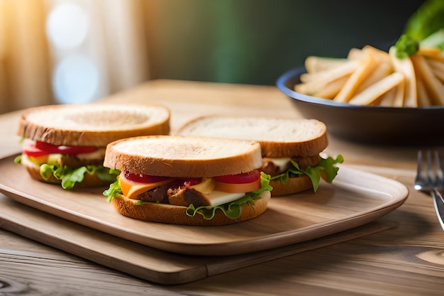 A plate of sandwiches with a bowl of fries in the background