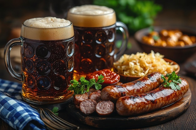 Photo a plate of sausages sausage and beer next to a mug of beer