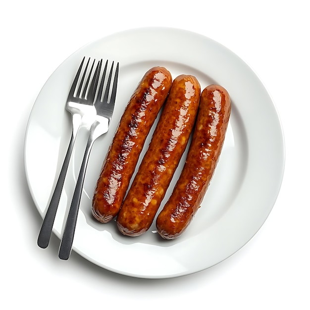 Photo a plate of sausages with a fork and knife on a table on white background