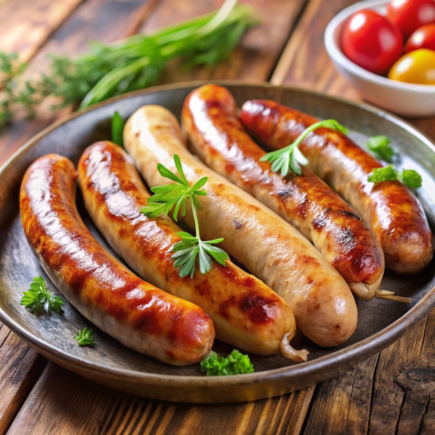 Photo a plate of sausages with parsley on top of them