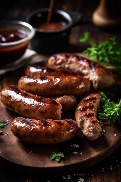 A plate of sausages with a side of ketchup.