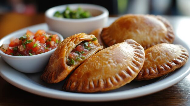 Photo a plate of savory beef empanadas with a side of spicy salsa ar