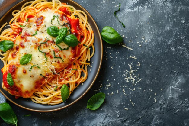 A plate of savory chicken Parmesan with spaghetti copy space for text