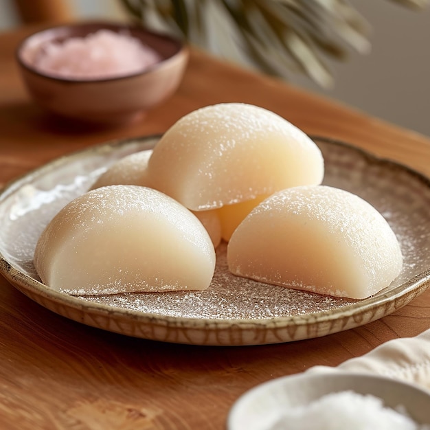 a plate of scallops with a bowl of rice and a bowl of rice