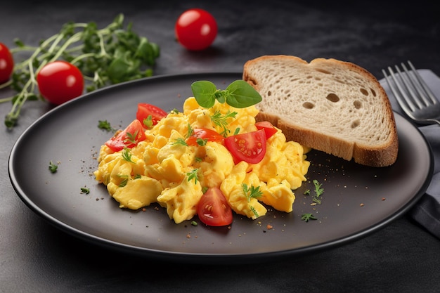 A plate of scrambled eggs with tomatoes and bread on a black background.