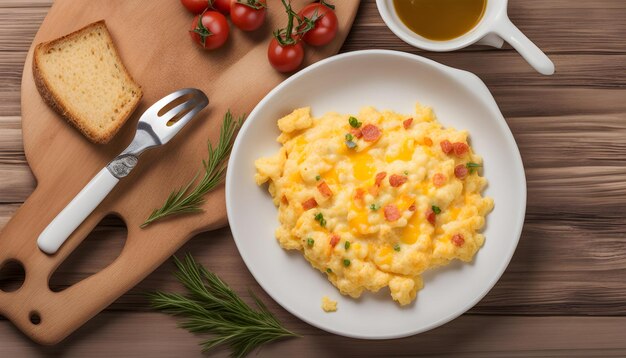 a plate of scrambled eggs with tomatoes and a fork next to it