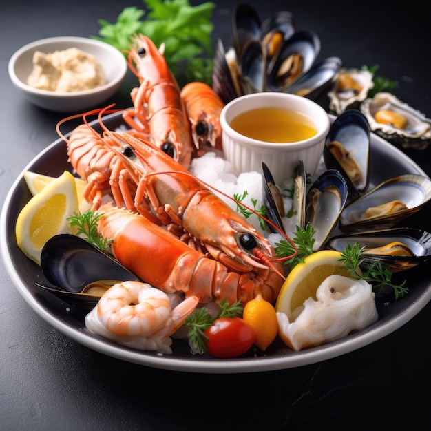 A plate of seafood with a lemon wedge and a bowl of sauce.