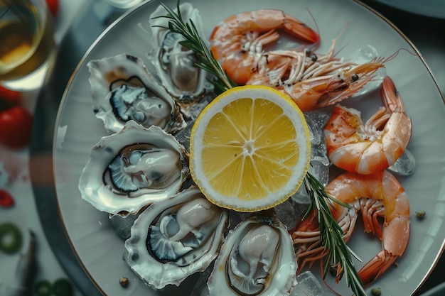 a plate of seafood with a lemon wedge on it